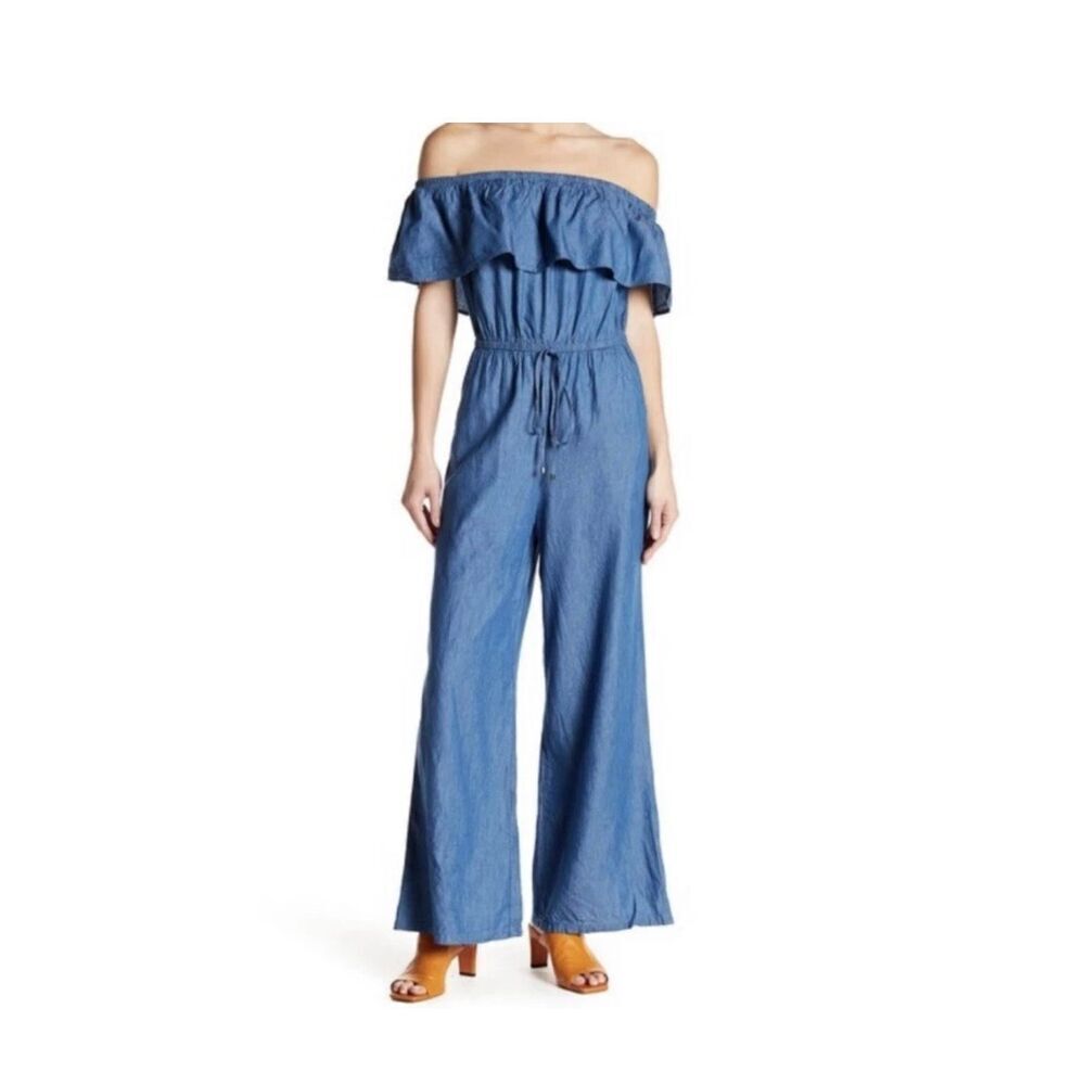Jealous Tomato Off Shoulder Chambray Jumpsuit Ruffled Neckline Small